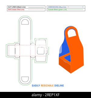 Paper gift box with holding notch and handle die line template and 3D vector file Stock Vector