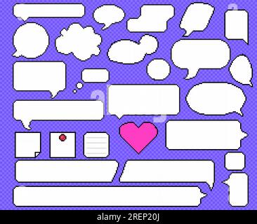 Pixel dialog set. Speech bubbles, dialog, note, thought. All elements grouped separately. Stock Vector
