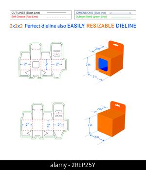 Hanging box, Snap bottom lock mobile charger box, 2x1x2 in box die line packaging design and 3D box Stock Vector