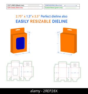 Hanging bottom snap lock mobile charger box, 2.75x1.5x3.5 box die line packaging design and 3D box Stock Vector