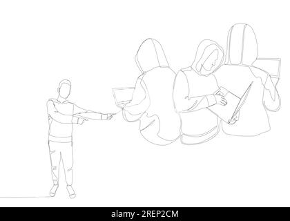 One continuous line of Man pointing with finger at Hacker, Men using Laptop. Thin Line Illustration vector concept. Contour Drawing Creative ideas. Stock Vector