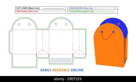 Paper shopping bag with rope carry bag and shoebox, birthday gift bag and die line template, 3D vector file Stock Vector