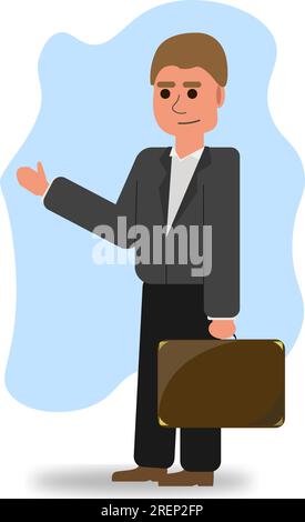 Side view of a businessman, with a suitcase in his hand, walking forward, on a blue background, vector graphic Stock Vector