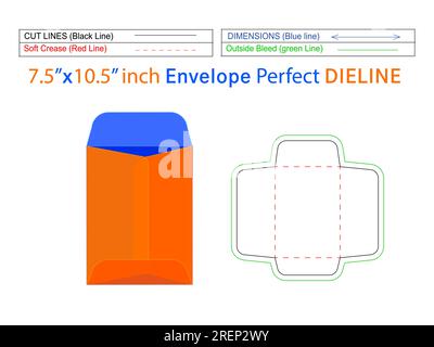 7.5x10.5 inch packaging open end envelope or Catalogue envelope die line template and 3D envelope editable easily resizeable Stock Vector