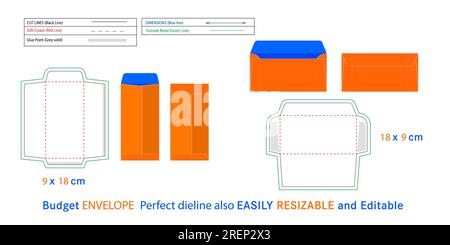 Budget Envelope die line and 3D vector file, vertical and horizontal style budget envelope editable and resizeable 9x18 cm and 18x9 cm Stock Vector