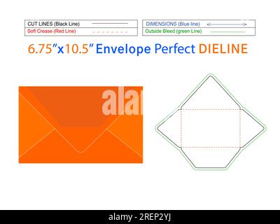 Custom Envelope 6.75x10.5 inch die line template and 3D envelope editable easily resizeable Stock Vector