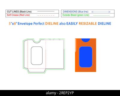 Custom invitation display envelope 5x8 inch die line template and 3D envelope editable easily resizeable Stock Vector