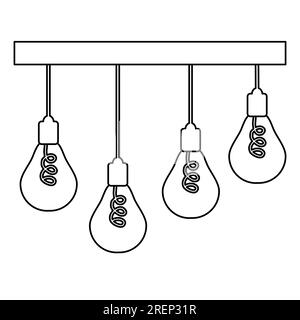 Ceiling lamp with hanging on cord bulbs, doodle style flat vector outline illustration for kids coloring book Stock Vector