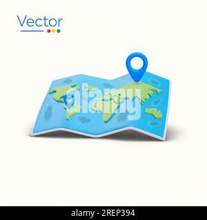 3d world map with pin icons, markers, minimal style, isolated on background. For advertising media about nature, geography, tourism, GPS. 3d vector illustration. Vector illustration Stock Vector