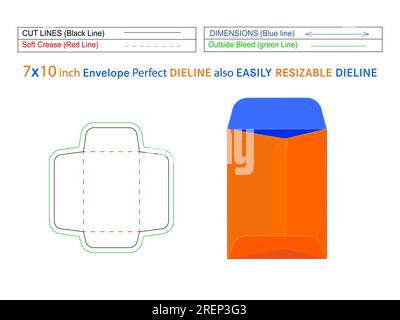 7x10 inch policy open end envelope or Catalogue envelope die line template and 3D envelope editable easily resizeable Stock Vector