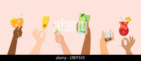 Set of summer cocktails. Hands with alcoholic drinks in different types of glasses. Cheers with friends. Mojito, martini, margarita, daiquiri, whiskey Stock Vector