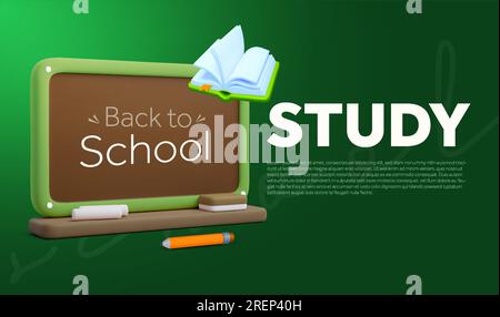 3d chalkboard with chalk, board cleaner, pencil and opened book, isolated on white background. banner template for back to school, class, learn and study, semester and year. 3d vector illustration. Vector illustration Stock Vector