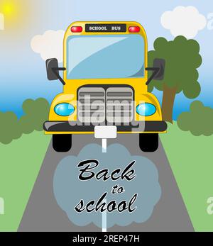 Back to school inscription and cartoon school bus. Trees, sky, bushes and sun in the background. Hand drawn lettering. Back to school concept. Vector Stock Vector