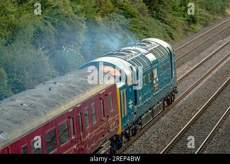 Sunnyhill Derby United Kingdom 29 July 2023: A vintage diesel express locomotive Class 55 Deltic on a Special excursion train to London Kings Croiss Stock Photo