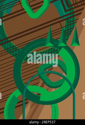 Brown and green vintage geometric theme poster banner. Retro abstract shapes template for cover design. Colored geometrical graphic minimal background Stock Vector