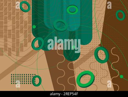 Brown and green vintage geometric theme poster banner. Retro abstract shapes template for cover design. Colored geometrical graphic minimal background Stock Vector