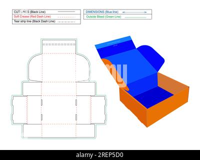 Mailer paper box with front side adhesive tape and tear stripe die line template with 3D box Stock Vector