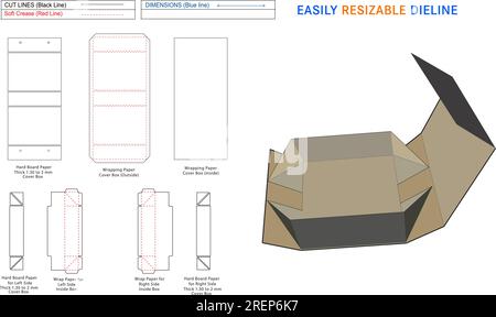 Collapsible or foldable rigid box die line and 3D box editable easily resizeable die line Stock Vector