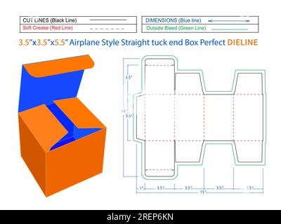 Airplane Style Straight tuck end box 3.5x3.5x5.5 inch die line template and editable 3D box Stock Vector