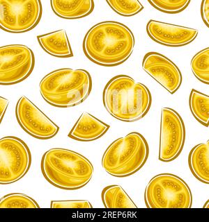 Vector Yellow Tomato seamless pattern, repeat background with chopped ripe garden tomatoes for bed linen, decorative square poster with group of flat Stock Vector
