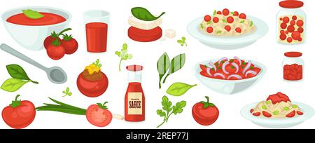 Tomato based food and dishes, soup and salads Stock Vector