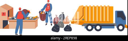 Workers filling truck with garbage in plastic bags Stock Vector