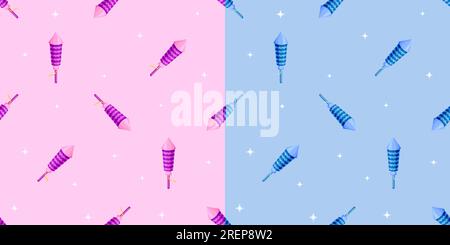 Firework rocket petard star seamless pattern flat. Pink blue cover night sky wrapping paper cover boy girl baby pattern fabric wallpaper texture birthday party celebrate fireworker tools firecracker Stock Vector