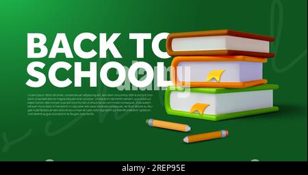 3d pile of books, with bookmark, pencils, isolated on background. Banner template for back to school, new admission, semester, learn and study, college and university. 3d vector illustration. Vector illustration Stock Vector