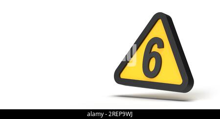 Caution concept: Warning triangle sign with Number 6 symbol on framed yellow geometric icon on white empty background. 3D render design copy space Stock Photo