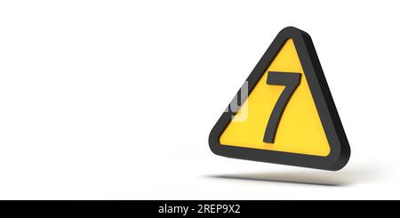 Caution concept: Warning triangle sign with Number 7 symbol on framed yellow geometric icon on white empty background. 3D render design copy space Stock Photo