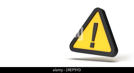 Caution concept:Warning triangle sign with Exclamation Mark symbol on framed yellow geometric icon, white empty background.3D render design copy space Stock Photo