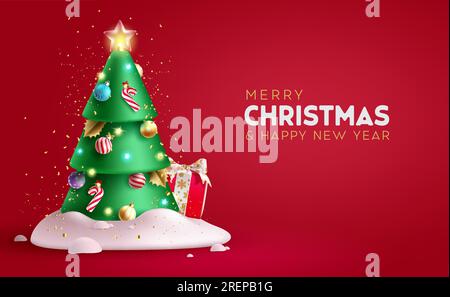 Christmas pine tree vector design. Merry christmas and happy new year text with pine tree and xmas lights decoration elements. Vector illustration Stock Vector
