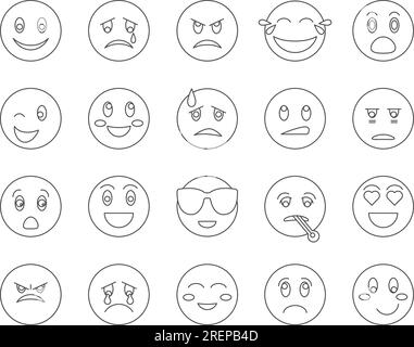 Emoji Reactions Icons Set. Emotion Expressions. Editable Stroke. Simple Icons Vector Collection Stock Vector