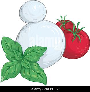 Tomato and basil with mozzarella cheese. isolated on white Stock Vector