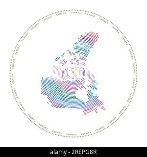 Canada round logo. Digital style shape of Canada in dotted circle with country name. Tech icon of the country with gradiented dots. Stock Vector