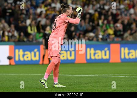 29th July 2023;  Brisbane Stadium, Brisbane, Queensland, Australia: FIFA Womens World Cup Group F Football, France versus Brazil; Pauline Peyraud-Magnin of France celebrates her team scoring  to make it 1-0 in the 17th minute Stock Photo