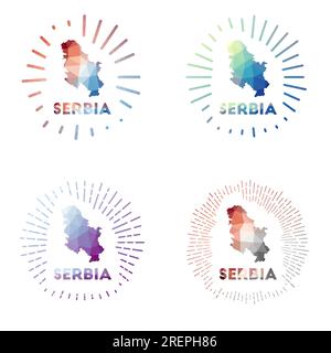 Serbia low poly sunburst set. Logo of country in geometric polygonal style. Vector illustration. Stock Vector
