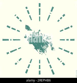 Cat Ba Island Logo. Grunge sunburst poster with border map. Shape of Cat Ba Island filled with hex digits with sunburst rays around. Stock Vector