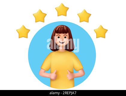 3d character. Customer review, happy client person, yellow five stars, people work experience, service assessment or feedback. Woman showing thumbs up, satisfaction icon. Vector cartoon illustration Stock Vector