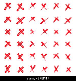 Grunge set X. Set red shapes on a isolation white background. X red mark vector set collection. Cross sign icon from hand brush strokes. Hand drawn do Stock Vector