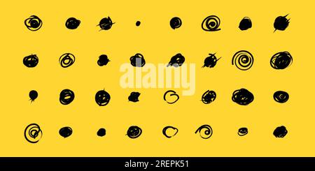 Set of hand drawn doodle circles in a grunge style. Yellow background. Scribble doodle circle and point. Collection black shapes dots and drops. Vecto Stock Vector
