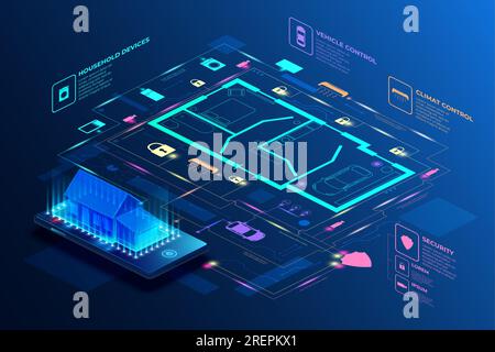 Smart home system. Apartment secure and management. Building IOT. Phone app. Digital house automation. Wifi connection with household appliances. Internet control technology. Vector design background Stock Vector