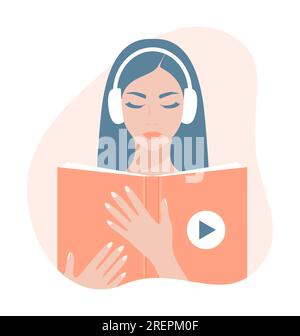 A woman listening to an audiobook. A young woman in headphones holding an open book. Flat vector illustration Stock Vector