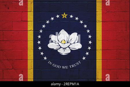 New flag of Mississippi painted on a cinder block wall. Stock Photo