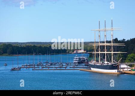 Mariehamn, Aland - June 22 2019: The Pommern is a four-masted barque, anchored in the western of Mariehamn's two harbours, Västerhamn. Stock Photo