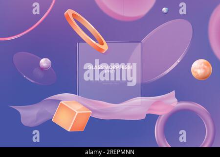 3d shape background. Abstract glass circles, transparent geometric squares, ui morphism, glassmorphism isolated elements. Purple minimal backdrop, web banner template. Vector design illustration Stock Vector