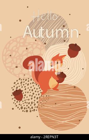 Squirrel with acorn. Autumn season card. Funny forest animal and oak nuts. Abstract drawing. Paintbrush circles collage. Hello fall. Wild nature. Line stroke and dotted shapes. Vector seasonal banner Stock Vector