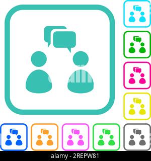 Two talking persons with rounded square bubbles solid vivid colored flat icons in curved borders on white background Stock Vector