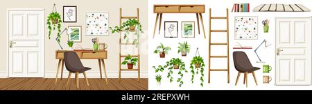 Scandinavian room interior design with a desk, a ladder, and houseplants. Home office interior design. Furniture set. Interior constructor. Cartoon Stock Vector