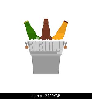 Glass bottles beer in a metal bucket with ice cubes. Vector illustration, clipart. Green, yellow, brown bottles beer. Stock Vector